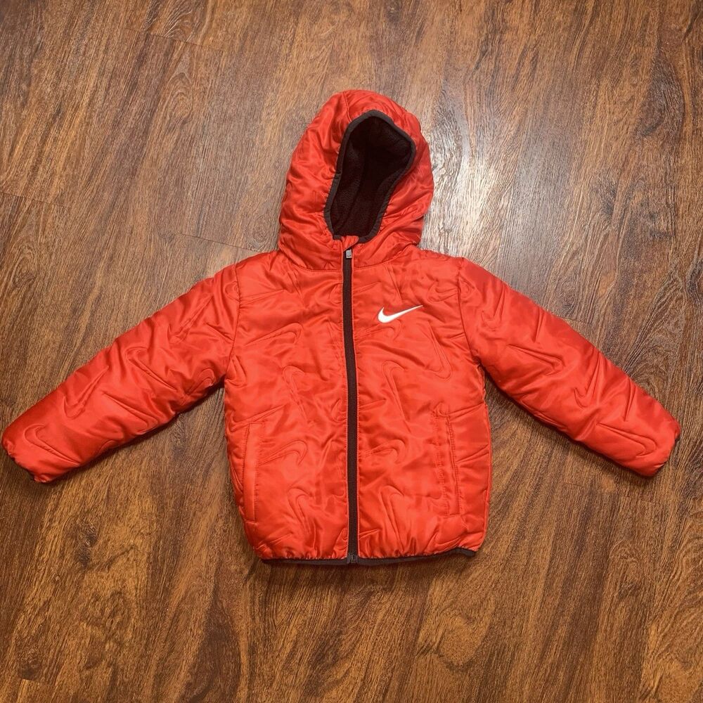 Nike Toddler Swoosh Pattern Red Full Zip Puffer Jscket Sz 4T Hooded